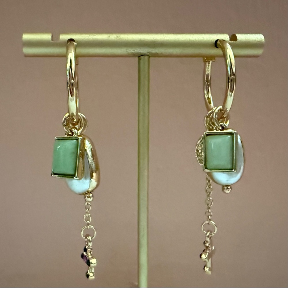 Song of Style Aimee Song Gold Green Hoop Dangle Charm Pearl Aventurine Earrings - Picture 5 of 7